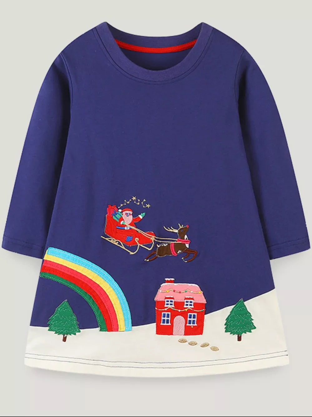 Toddler navy long sleeve cotton dress with Santa, reindeer, rainbow, house and Christmas tree embroidery.