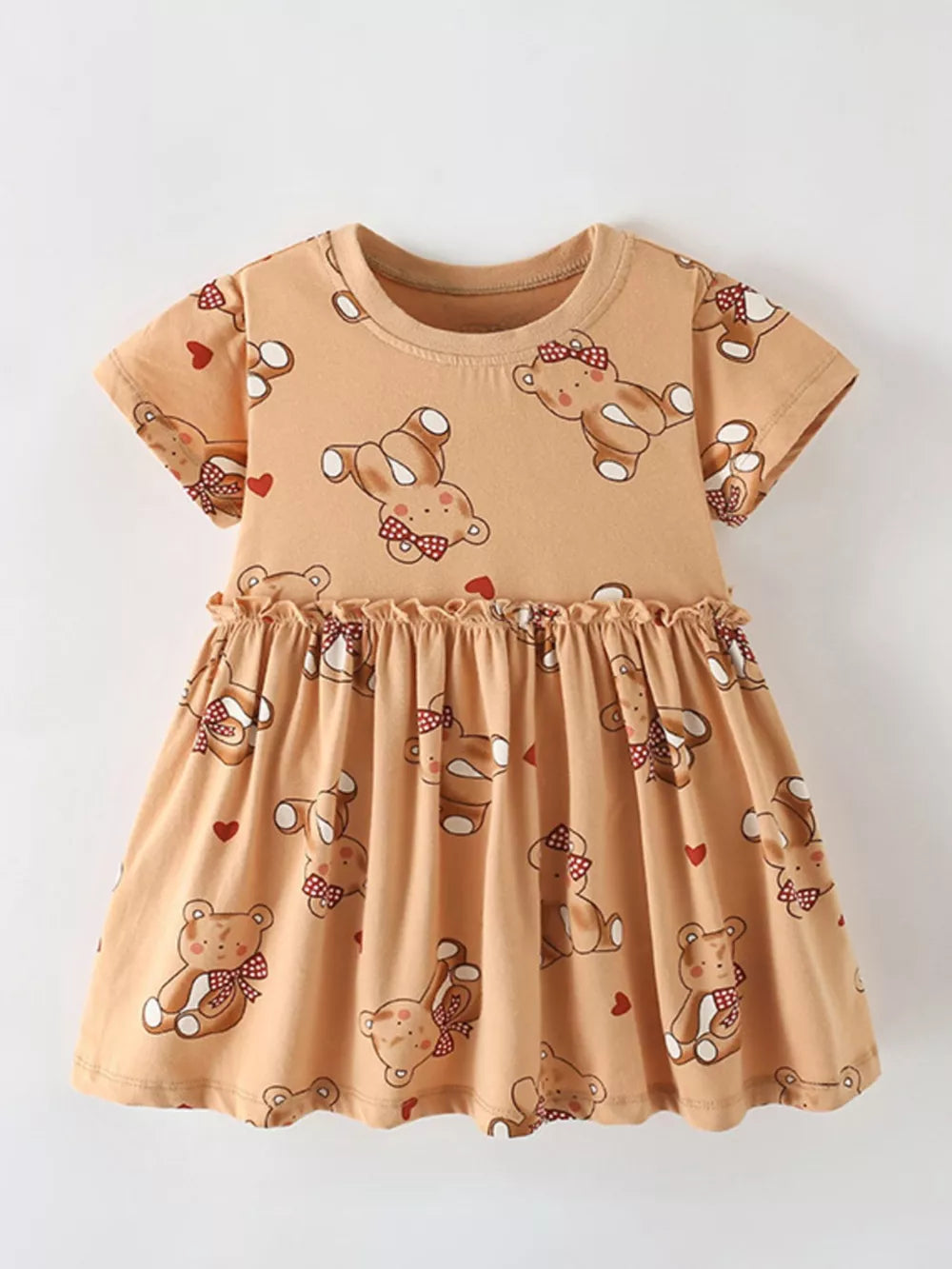 Baby dress with bear print, ruffle hem, short sleeves, and crew neck in cotton blend.