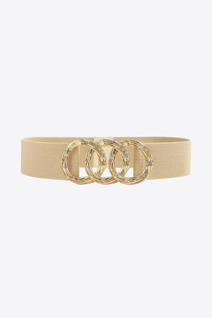Tan elastic belt with triple textured gold ring detail