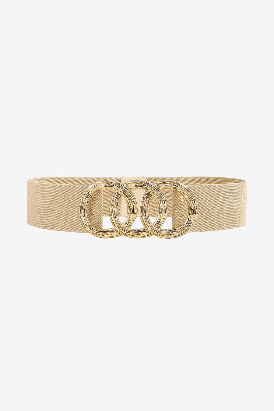Tan elastic belt with triple textured gold ring detail