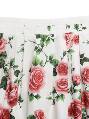 White floral maxi skirt with pink roses and pleats