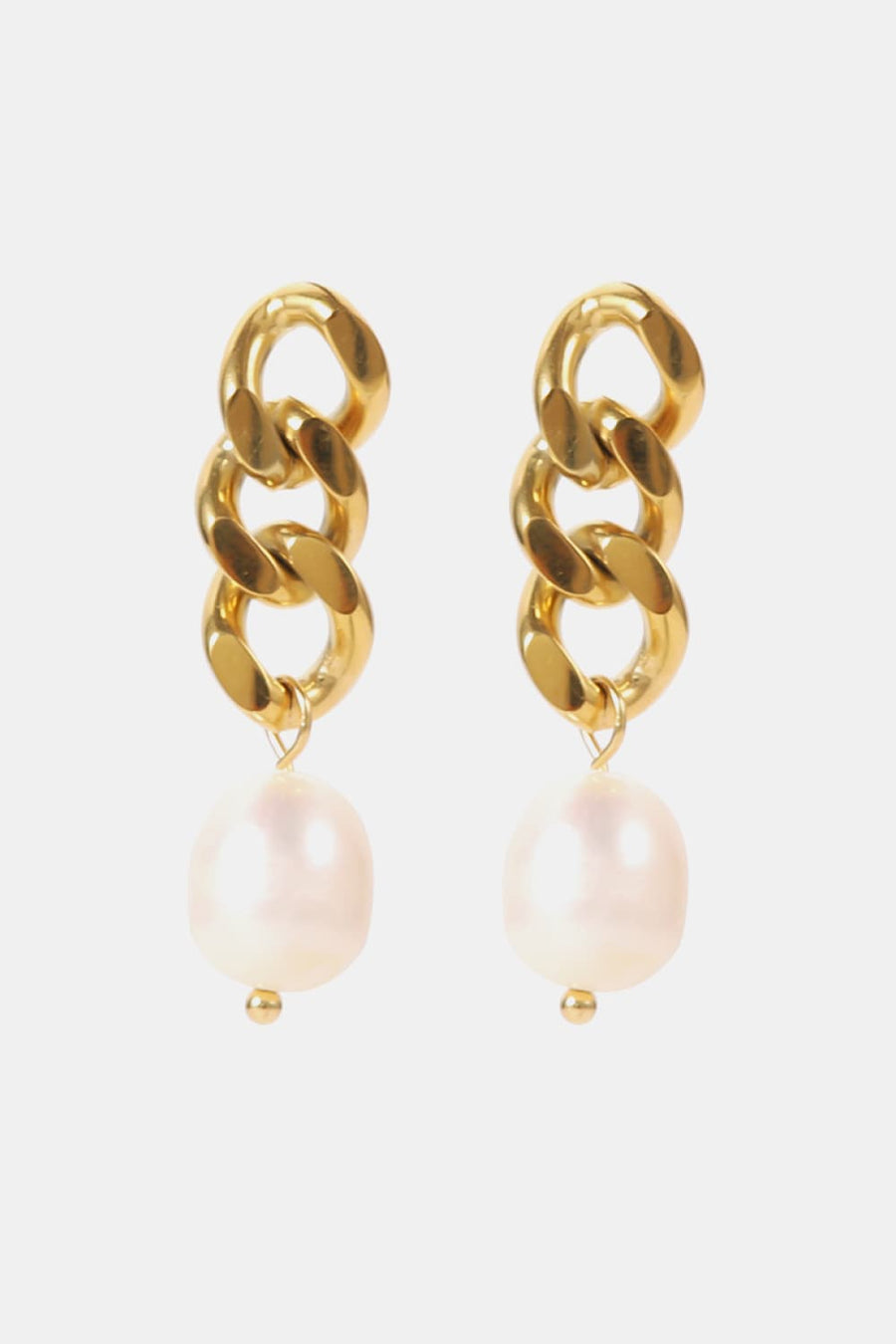 Gold chunky chain drop earrings with pearl accents