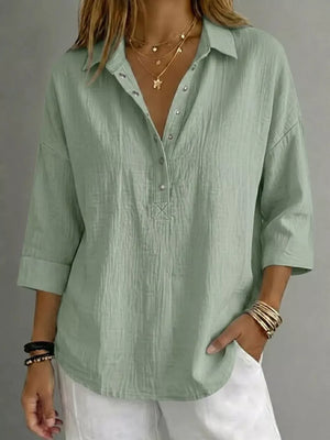 White Full Size Snap Down 3/4 Sleeve Blouse Plus Size