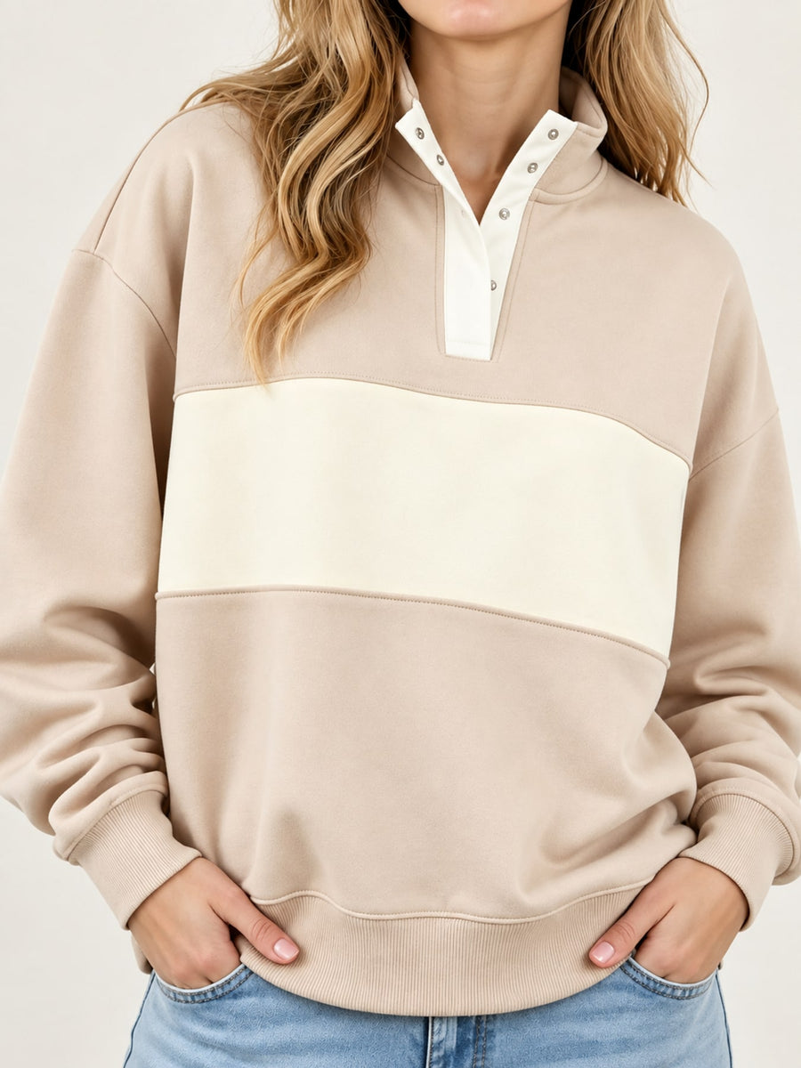 sweatshirt in French Blue with color-block, abstract-print and buttoned