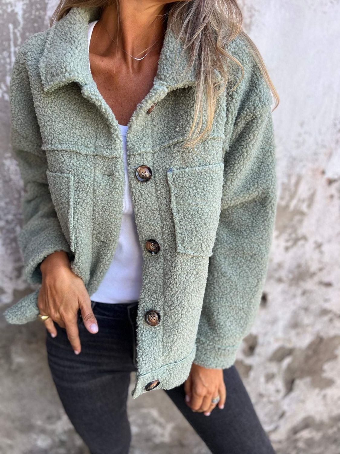 Textured sherpa utility jacket in Gum Leaf with button front and chest pockets.