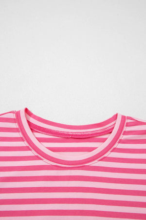 Pink striped cotton crew neck top with button detail