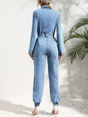 Button Front Belt Denim Jumpsuit option 6