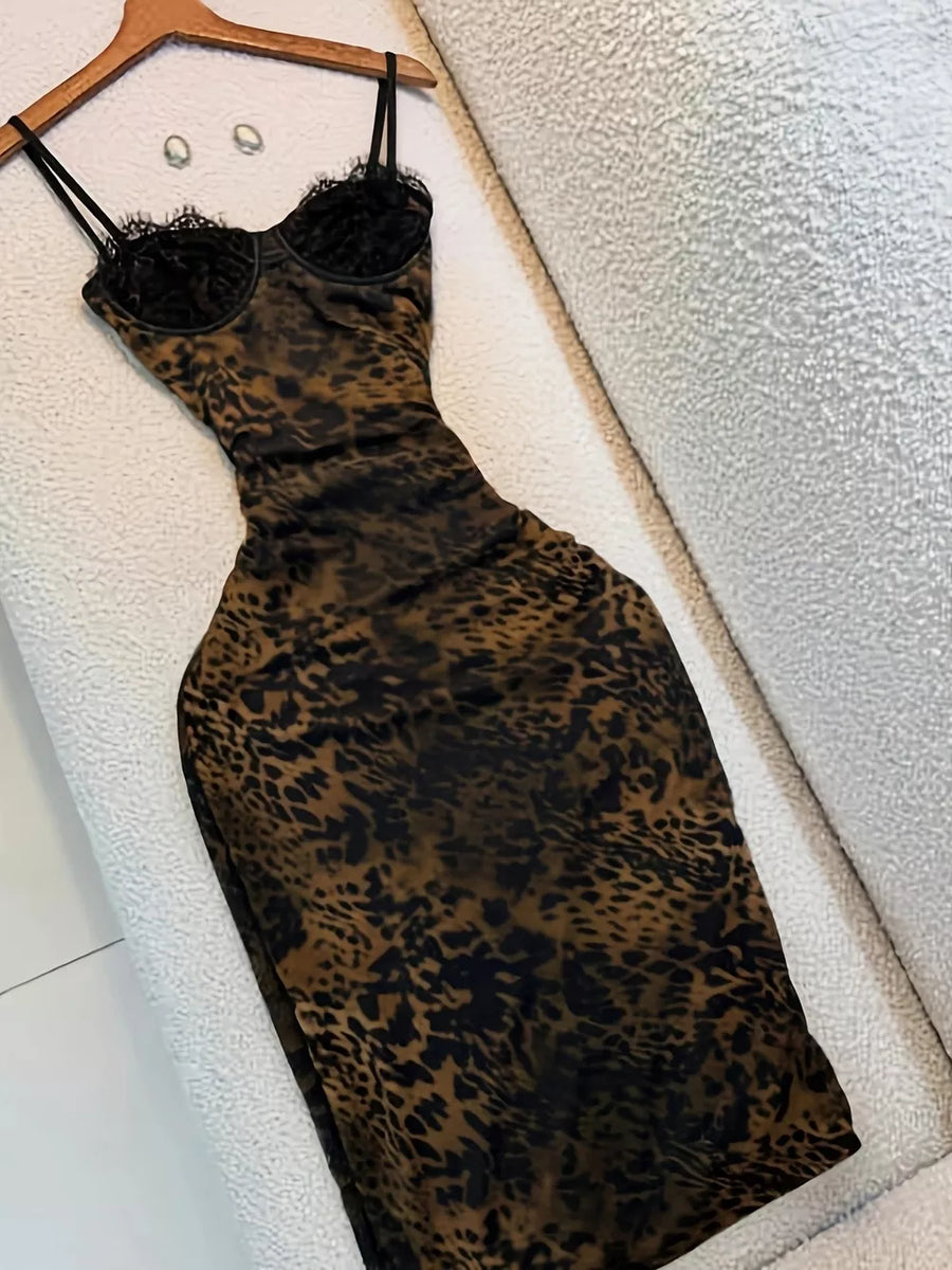 black bodycon dress featuring lace detail and leopard-print