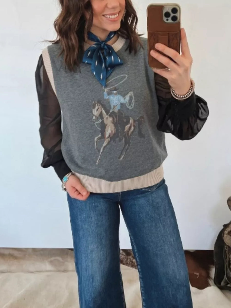 Gray cotton knit vest with cowboy graphic and cream trim, crew neck, sleeveless.