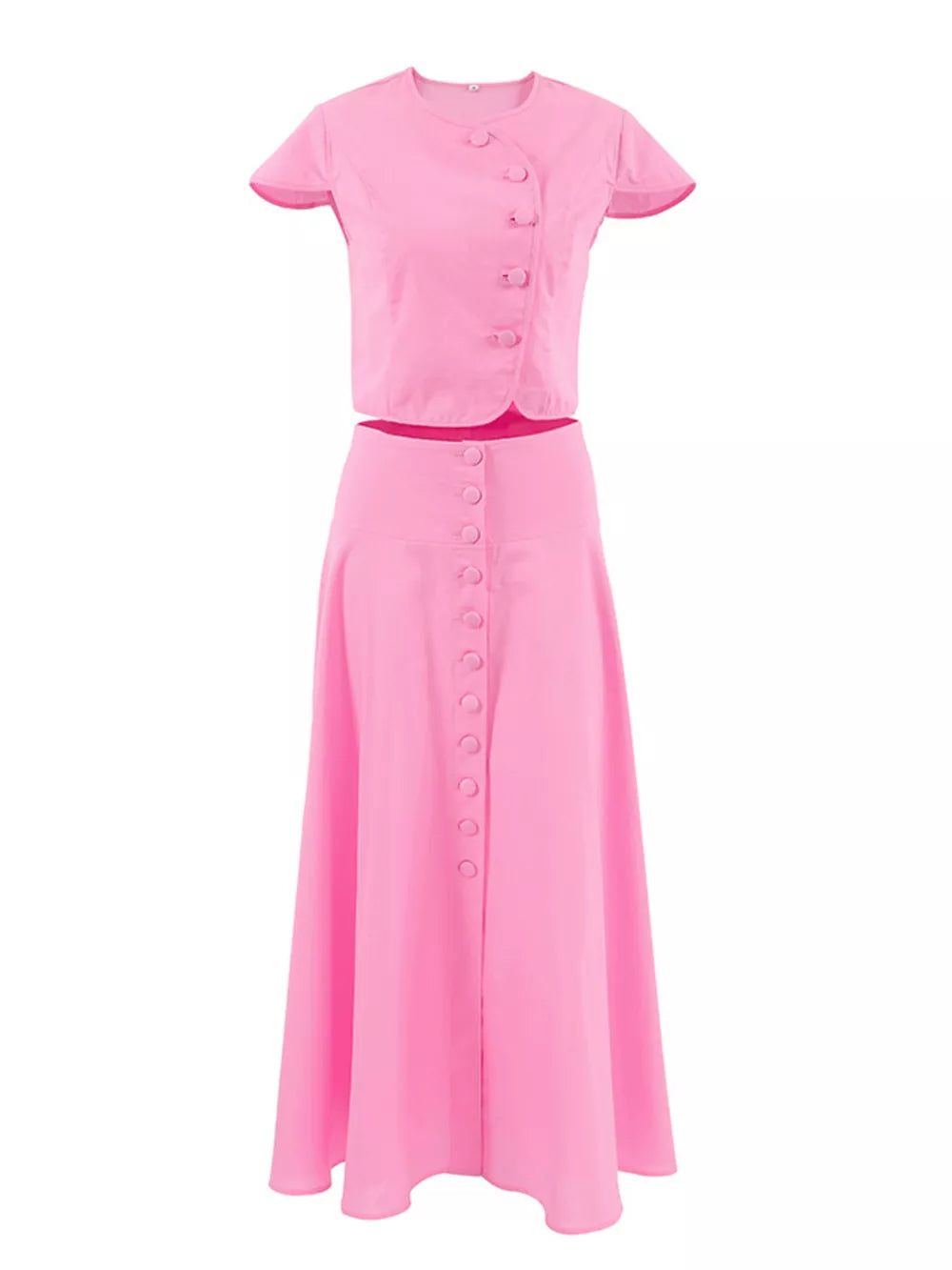 Pink skirt set with cropped (top), midi (skirt) and button-front (top), side button (skirt)