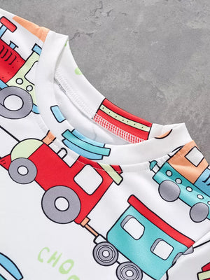 White t-shirt with colorful train print and crew neck.