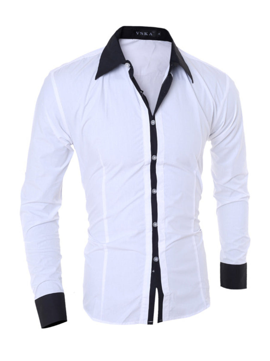Men's white long sleeve shirt with black collar and button placket, slim fit
