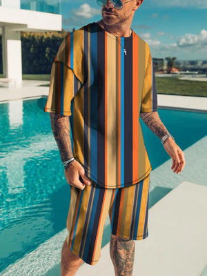 Neon Green Men's Full Size Striped Short Sleeve Top & Shorts Set