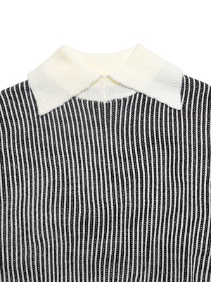 Black and white striped knit sweater with a contrast white collar.