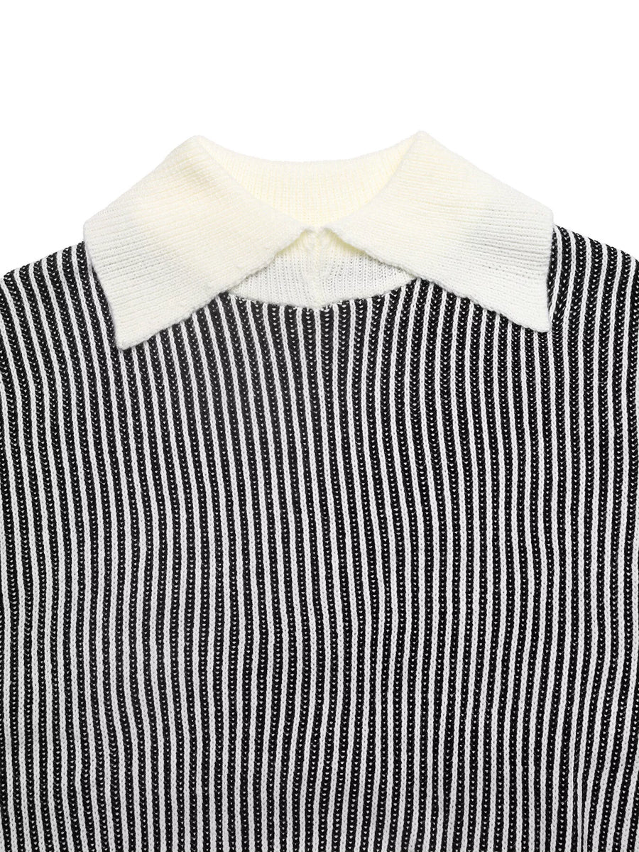 Black and white striped knit sweater with a contrast white collar.