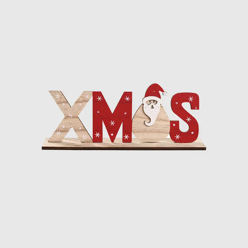 Festive wooden word block set spelling XMAS with Santa detail, red and natural wood.