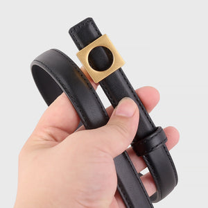 Black skinny cowhide leather belt with gold square buckle detail
