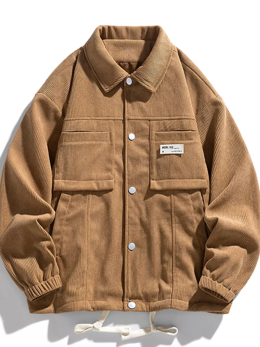 Caramel corduroy button-down jacket with two chest pockets and white buttons.