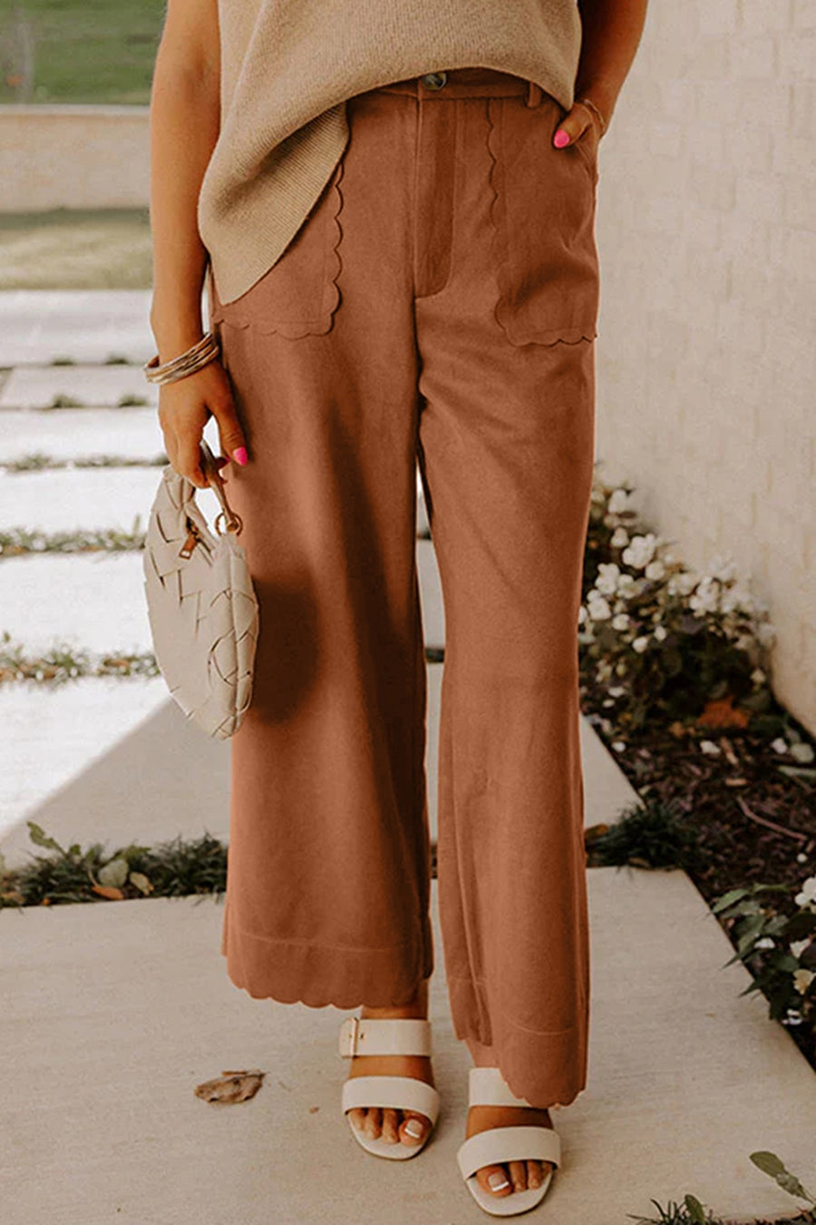 Caramel wide-leg pants with full-length and button-front