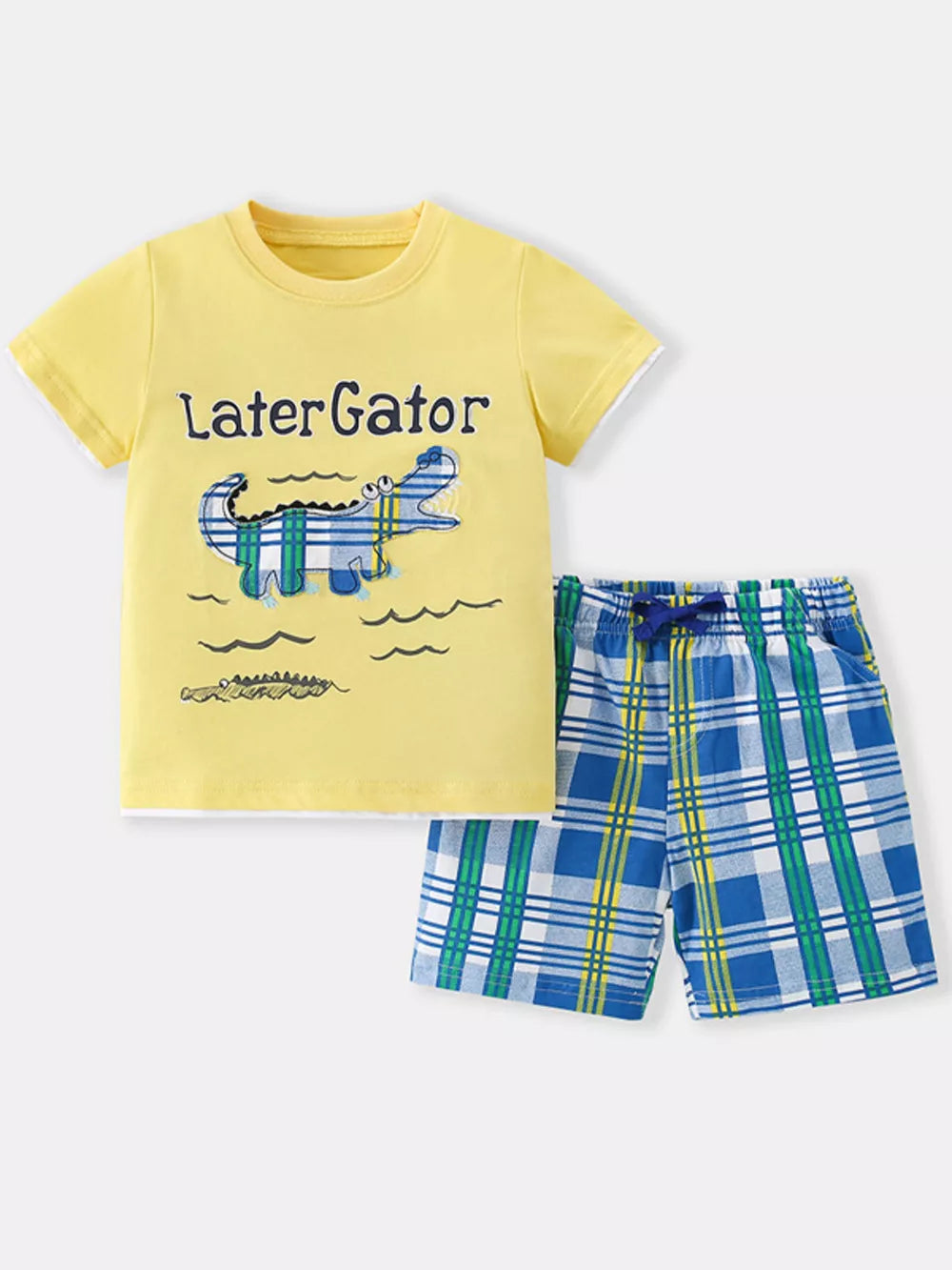 Yellow cotton t-shirt with alligator graphic and plaid shorts set
