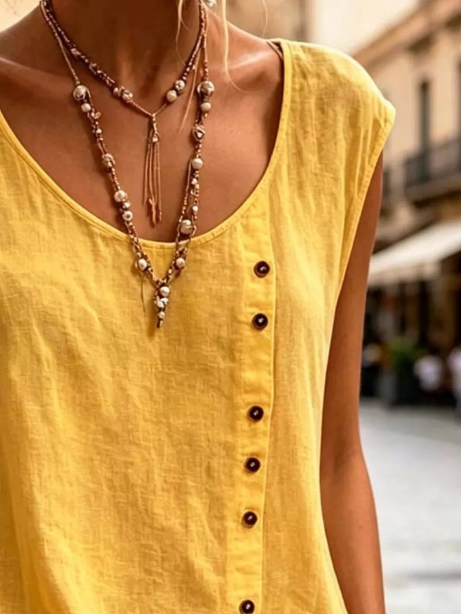 Yellow Round Neck Decor Button Tank Plus Size