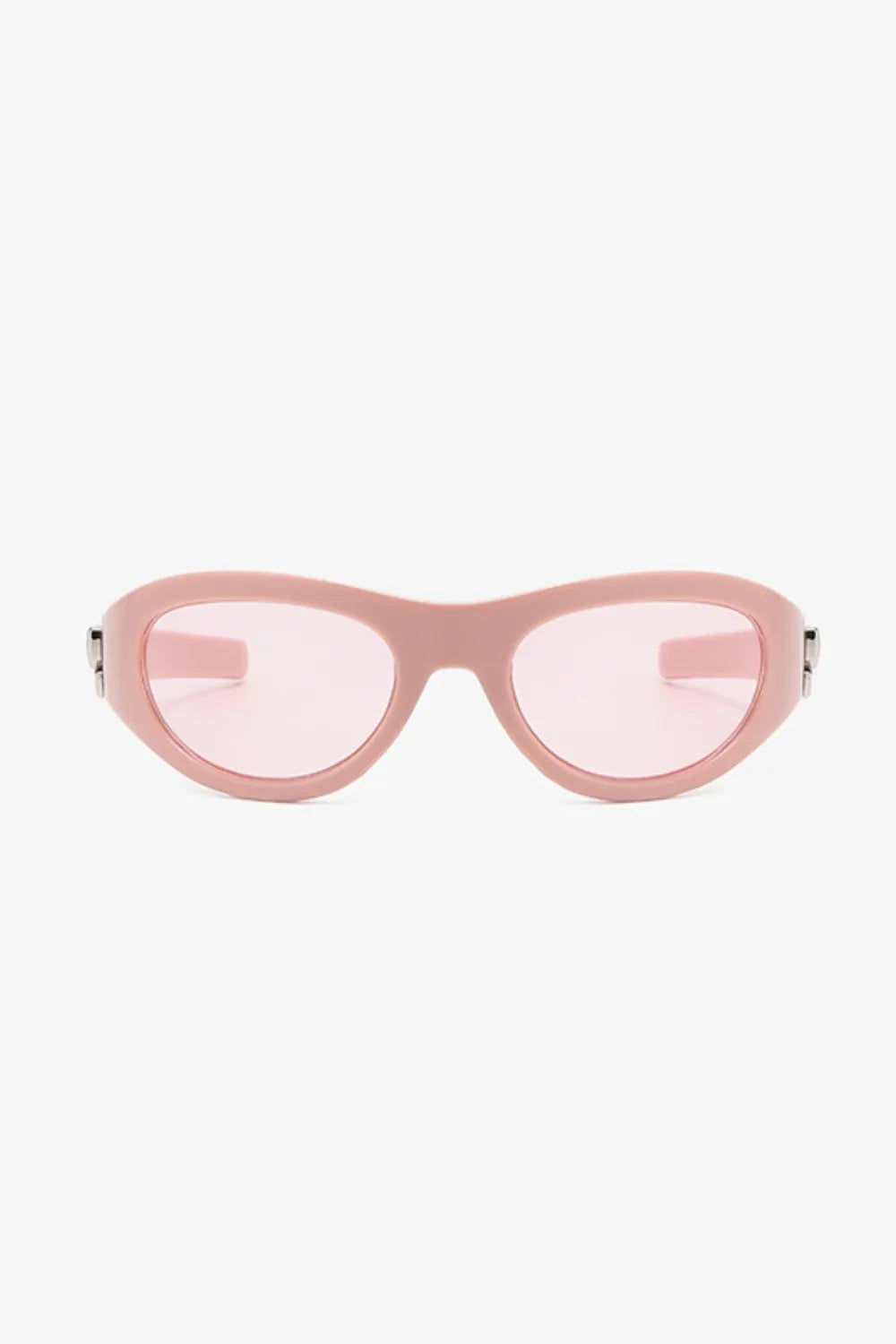 Dusty Pink sporty shield sunglasses with light pink lenses and a bow accent detail.