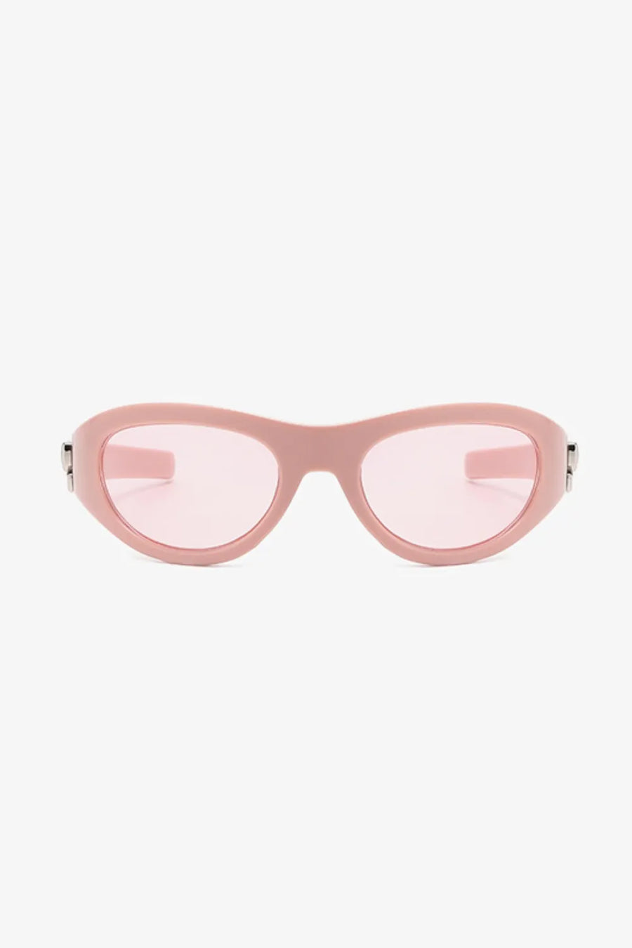 Dusty Pink sporty shield sunglasses with light pink lenses and a bow accent detail.