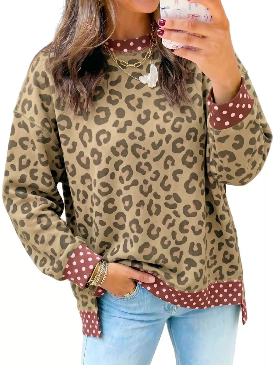 sweatshirt in Brown with leopard-print, polka-dot and side slit