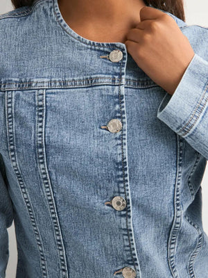 Button-down denim jacket with seam detailing and a collarless neckline.