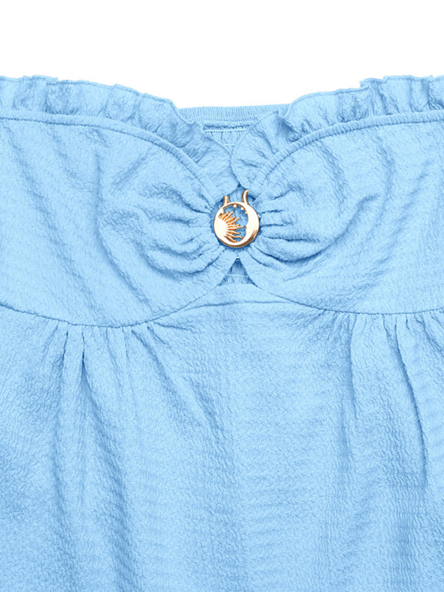 Smocked frill tube top in blue with a decorative gold buckle detail at the bust.