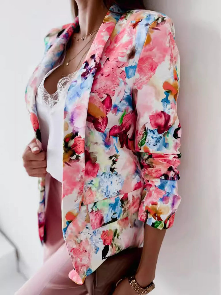Vibrant Floral Print Open Front Blazer in Green
