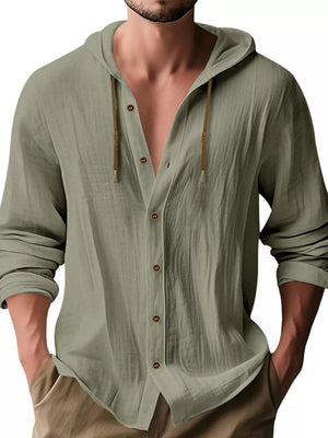 Men's Full Size Drawstring Button Up Hooded Shirt in Royal Blue with hooded