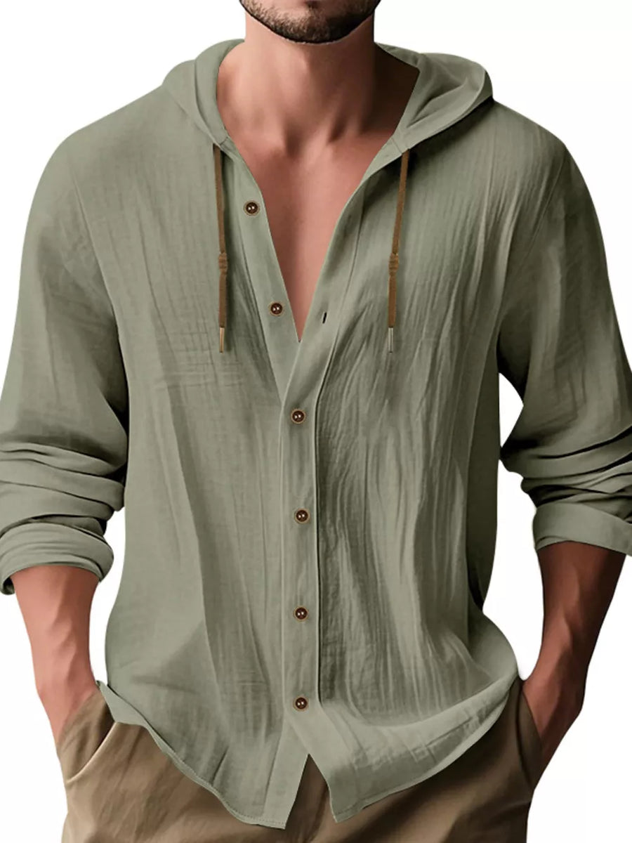 Men's Full Size Drawstring Button Up Hooded Shirt in Royal Blue with hooded