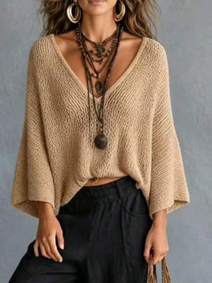 Khaki V-neck Batwing Sleeve Sweater