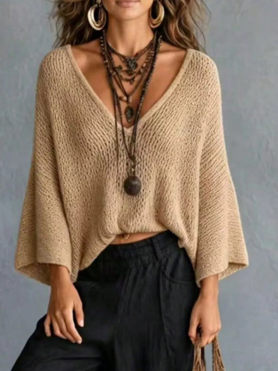 Khaki V-neck Batwing Sleeve Sweater