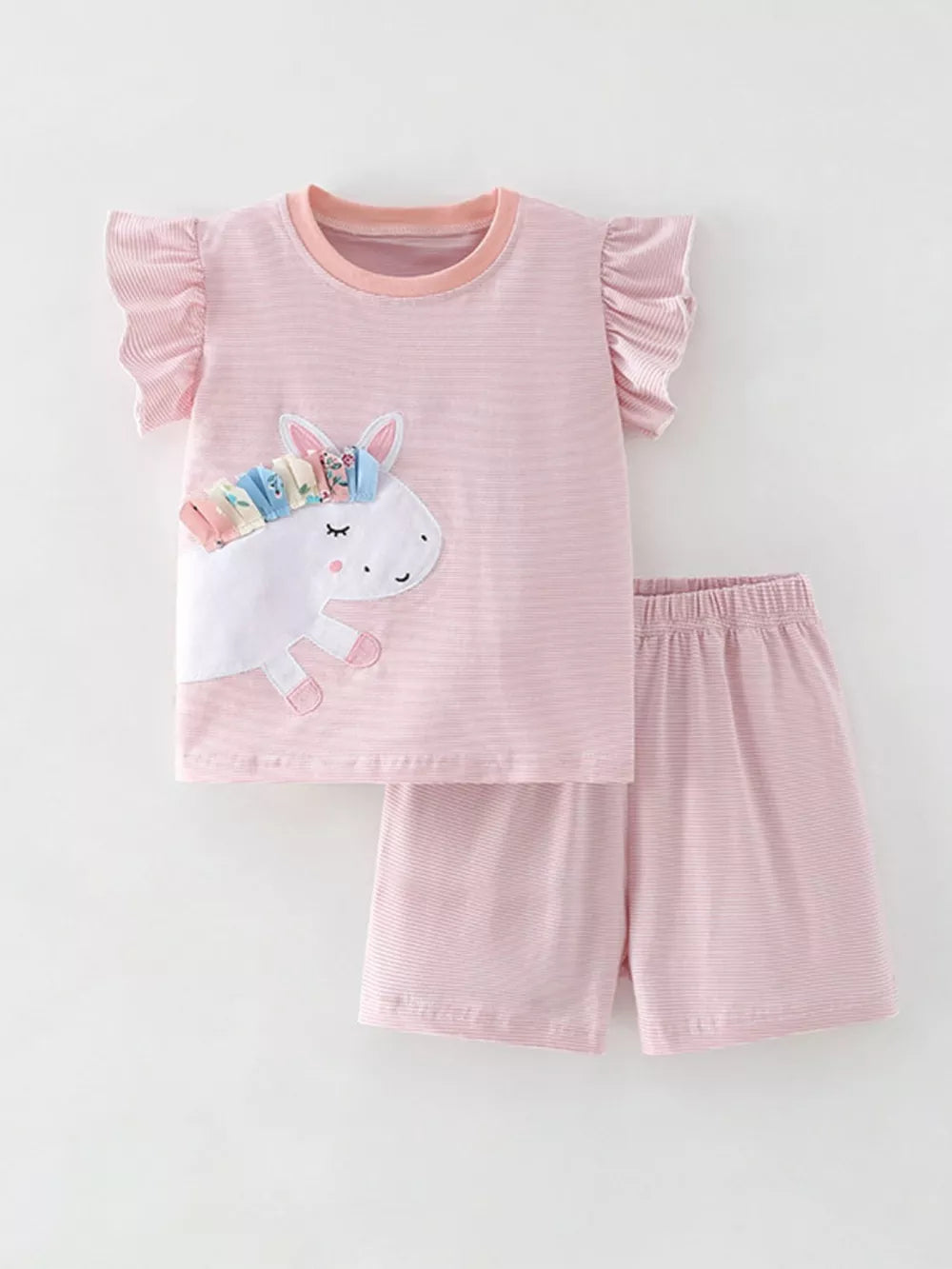 Pink striped cotton toddler top with unicorn applique and ruffled sleeves, paired with matching shorts.