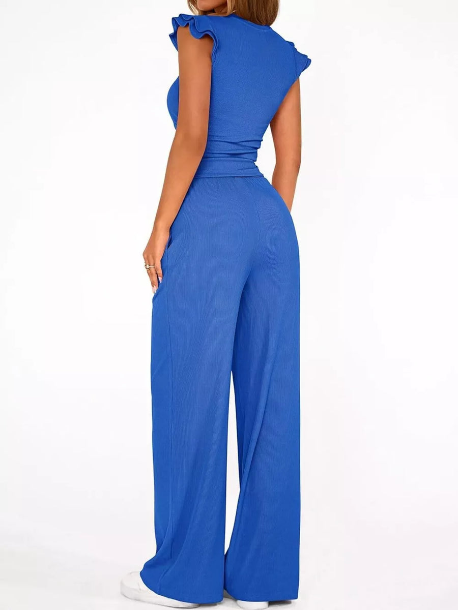 Blue ribbed wide leg jumpsuit with flutter sleeves