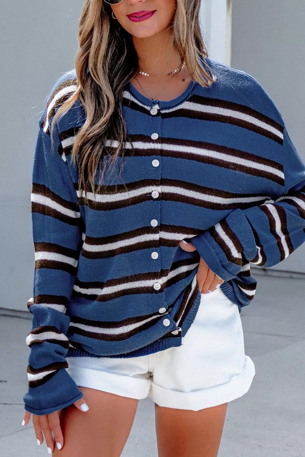 Dusty Blue Striped Drop Shoulder Button Cardigan