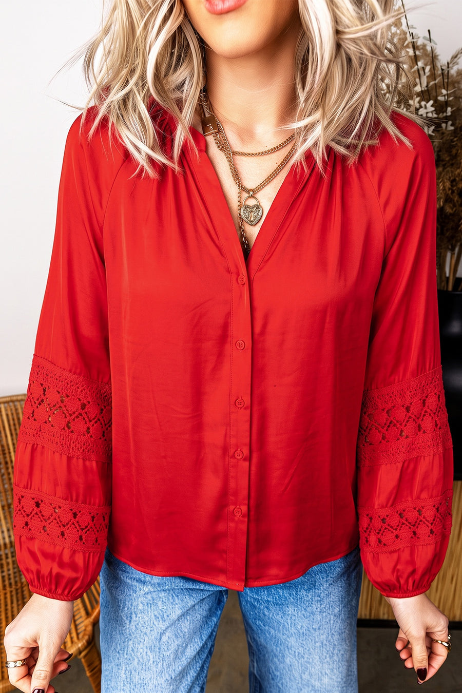 60% polyester, 40% viscose Care instructions: Machine wash cold blouse in red with relaxed silhouette