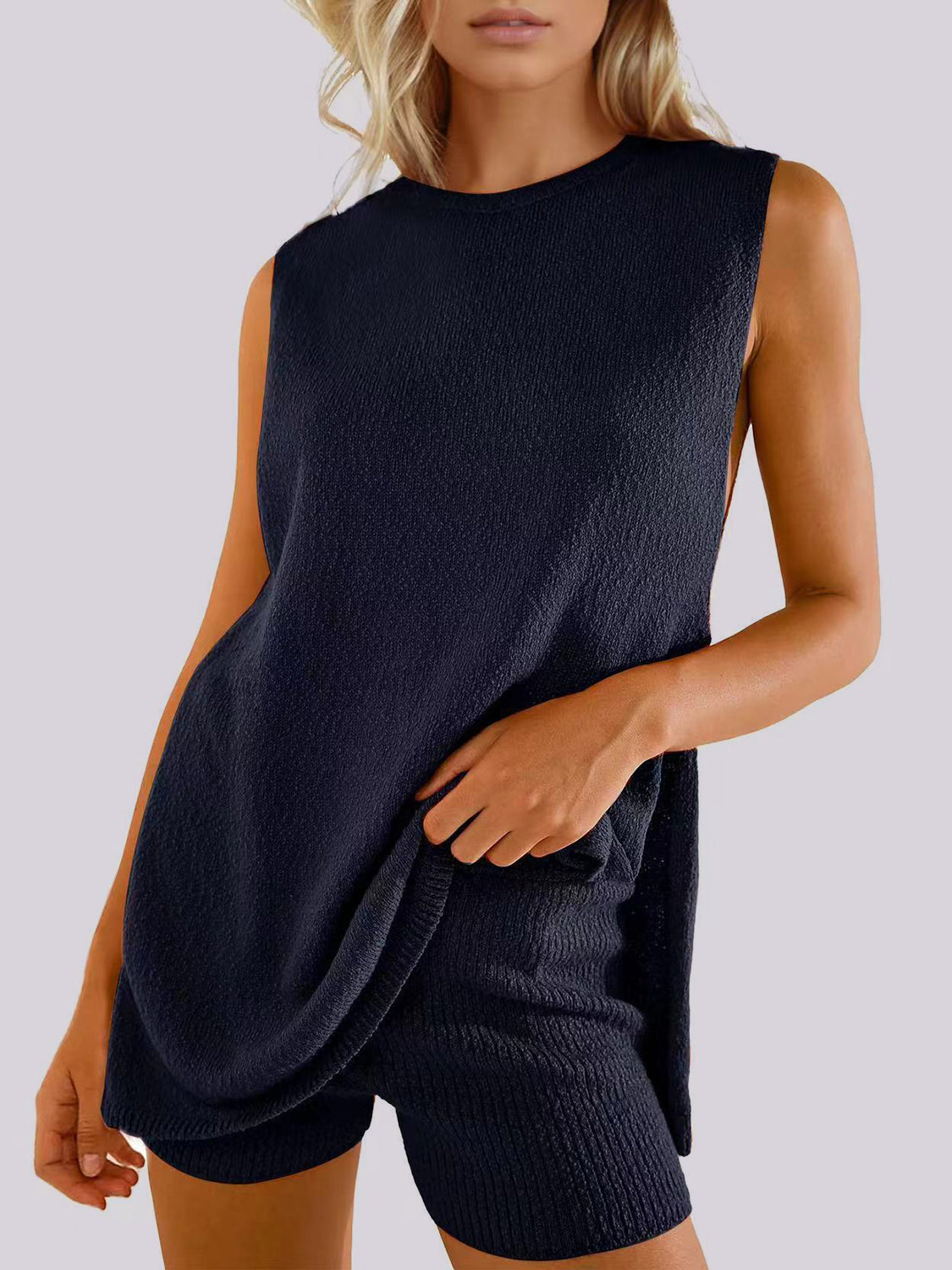Textured knit tank and short set in Dark Blue with slit sides.