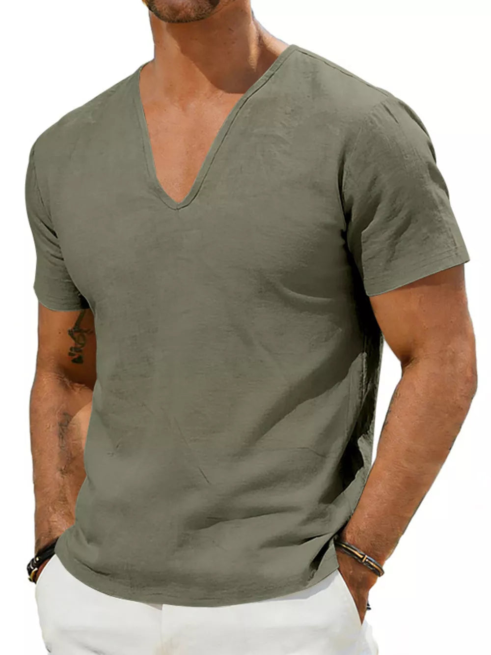 Army green V-neck linen tee with short sleeves and a relaxed fit.