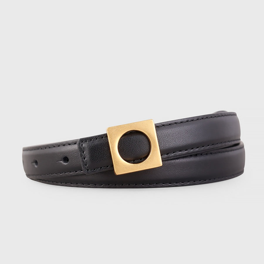 Black skinny cowhide leather belt with gold square buckle