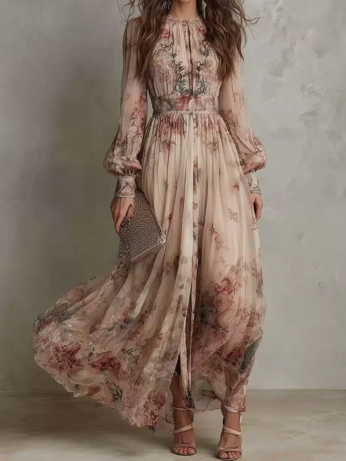 blush pink maxi dress with floral and round neck