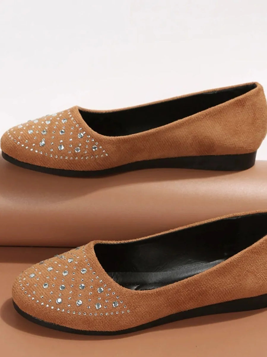 Brown embellished suede ballet flats with crystal accents
