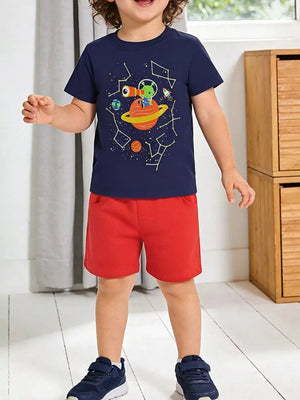 Boys' navy cotton tee with space graphic and red shorts set