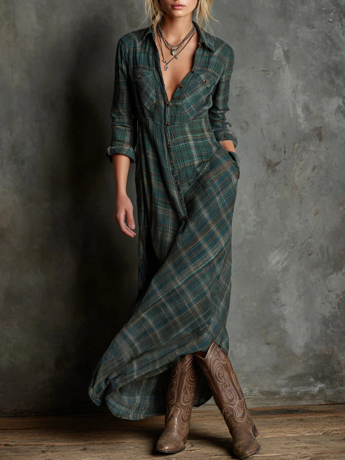 forest green shirt dress with plaid and collared