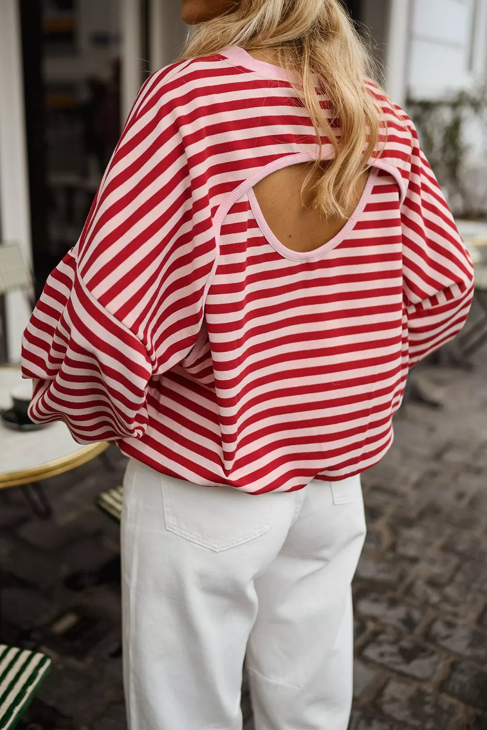 red sweatshirt with striped and round neck