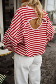 red sweatshirt with striped and round neck