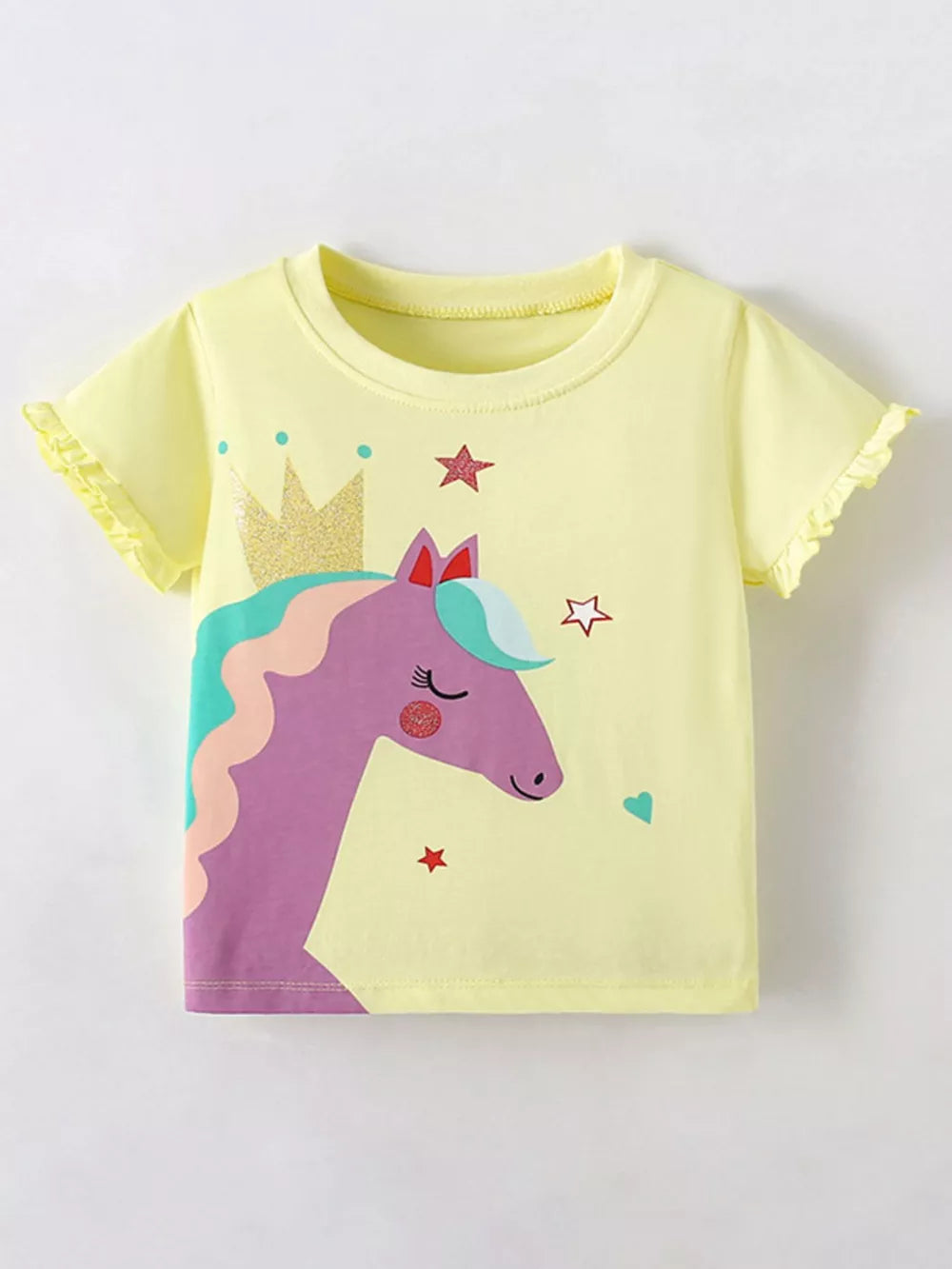 Yellow cotton blend baby tee with unicorn graphic, crown, and ruffle sleeves.