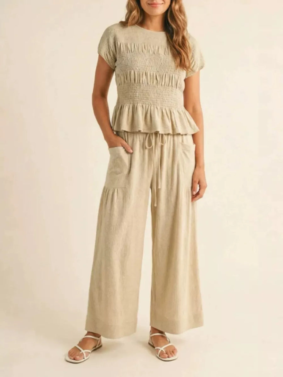 Lilac Smocked Peplum Top And Wide-leg Pants Set